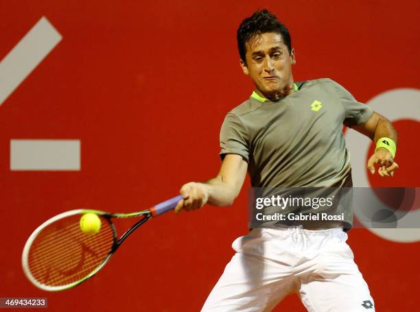 Nicolas Almagro of Spain makes a shot during a tennis match between Nicolas Almagro and Jeremy Chardy as part of ATP Buenos Aires Copa Claro on...