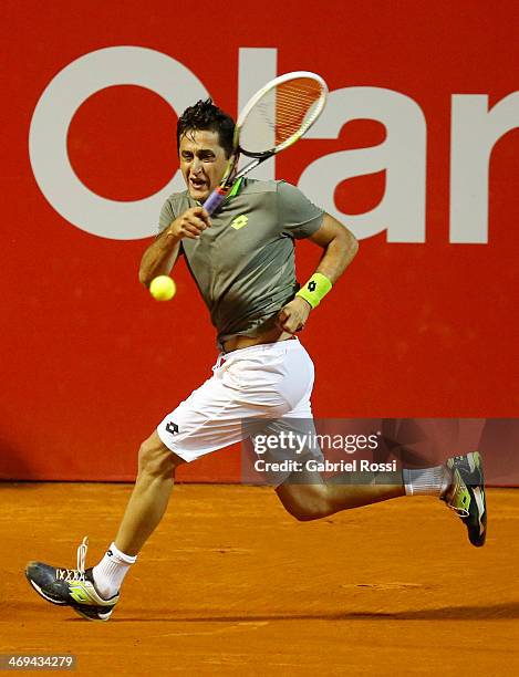 Nicolas Almagro of Spain makes a shot during a tennis match between Nicolas Almagro and Jeremy Chardy as part of ATP Buenos Aires Copa Claro on...
