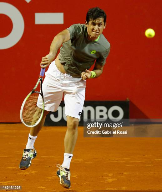 Nicolas Almagro of Spain makes a shot during a tennis match between Nicolas Almagro and Jeremy Chardy as part of ATP Buenos Aires Copa Claro on...