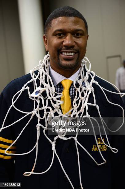 Former NBA player Jalen Rose poses for a photo following the Sprint NBA All-Star Celebrity Game at Sprint Arena as part of 2014 NBA All-Star Jam...