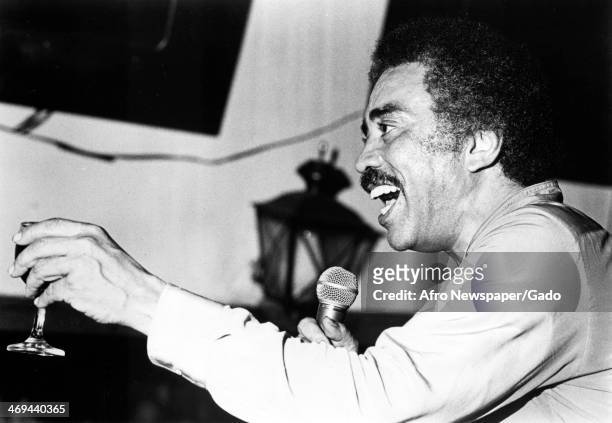Oscar Brown Jr, stage and screen personality, making a toast at a United Negro College Fund affair, September 29, 1979.