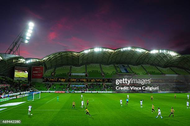 General view of sunset during the round 25 A-League match between the Melbourne Victory and the Wellington Phoenix at AAMI Park on April 12, 2015 in...