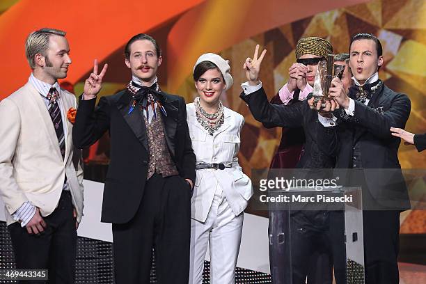 Members of 'La Femme' receives the 'Album Revelation' award during the 'Les Victoires de la musique 2014' ceremony at Le Zenith on February 14, 2014...