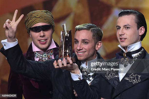 Members of 'La Femme' receives the 'Album Revelation' award during the 'Les Victoires de la musique 2014' ceremony at Le Zenith on February 14, 2014...