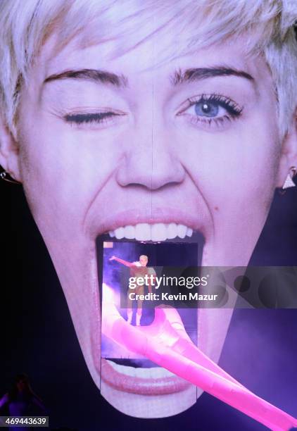 Miley Cyrus performs onstage during her "Bangerz" tour at Rogers Arena on February 14, 2014 in Vancouver, Canada.