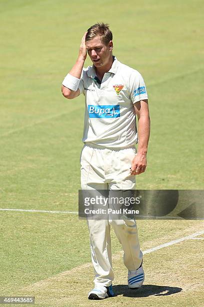 Xavier Doherty of the Tigers walks back to his bowling mark during day four of the Sheffield Shield match between the Western Australia Warriors and...
