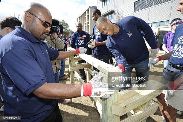 Legend Tim Hardaway participates during the NBA Cares All-Star Day of Service "PLAY" with KaBOOM as part of the 2014 NBA All-Star Weekend on February...