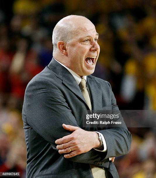 Head coach Herb Sendek of the Arizona State Sun Devils reacts to a foul non-call against the Arizona Wildcats during the second half of a college...