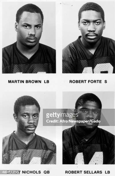 Head and shoulders portrait of football players, clockwise from top left, Martin Brown, linebacker, Robert Forte, safety, Sandy Nichols, quarterback,...