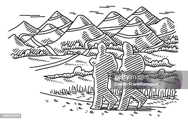 hiking trip two people silhouettes drawing - couple walking trail stock illustrations