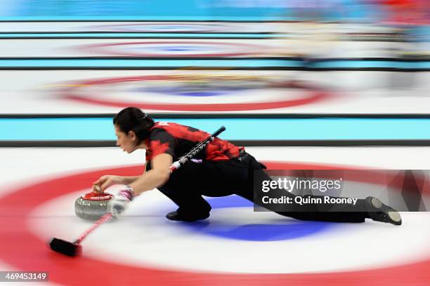 Jill Officer of Canada delivers the stone during Curling Women's Round Robin match between Canada and Japan on day eight of the Sochi 2014 Winter...