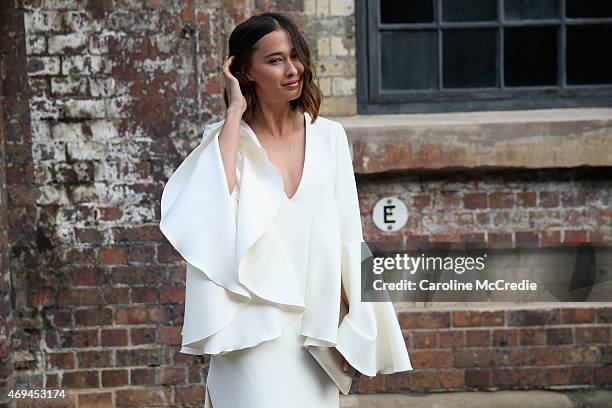 Eleanor Pendleton, wearing Ellery, Christian Louboutin shoes and a Daily Edited clutch at Mercedes-Benz Fashion Week Australia 2015 at Carriageworks...