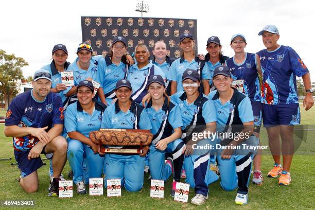 The New South Wales female team pose for a photo after winning the Imparja Cup final against the Northern Territory at Traeger Park on February 15,...