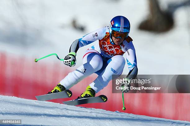 Nicole Hosp of Austria in action during the Alpine Skiing Women's Super-G on day 8 of the Sochi 2014 Winter Olympics at Rosa Khutor Alpine Center on...