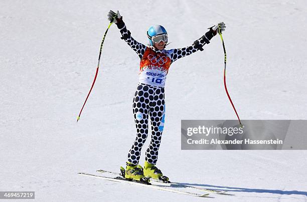 Macarena Simari Birkner of Argentina reacts after a run during the Alpine Skiing Women's Super-G on day 8 of the Sochi 2014 Winter Olympics at Rosa...