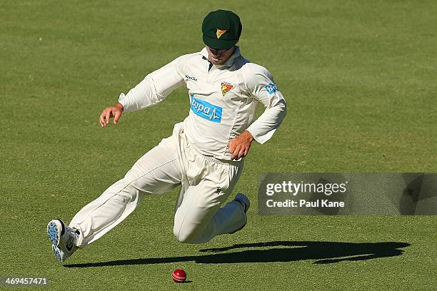 Jon Wells of the Tigers fields the ball during day four of the Sheffield Shield match between the Western Australia Warriors and the Tasmania Tigers...