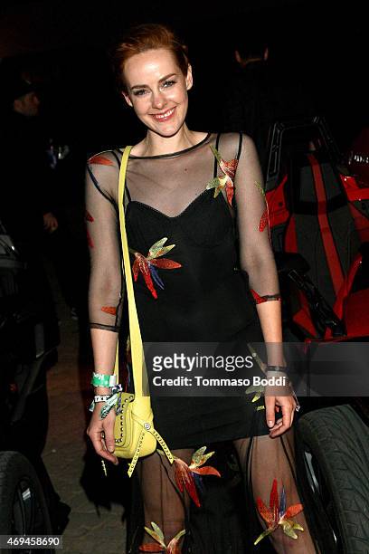 Actress Jena Malone arrives by the Polaris Slingshot at the Moschino Party hosted by Jeremy Scott on April 11, 2015 in Bermuda Dunes, California.