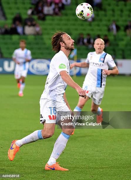 Josh Kennedy of Melbourne City contests the ball during the round 25 A-League match between the Melbourne Victory and the Wellington Phoenix at AAMI...