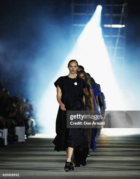 Gemma Ward walks the runway at the Mercedes-Benz Presents Ellery show at Mercedes-Benz Fashion Week Australia 2015 at Carriageworks on April 12, 2015...