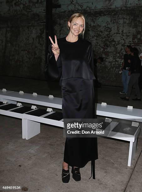 Gemma Ward attends the Mercedes-Benz Presents Ellery show at Mercedes-Benz Fashion Week Australia 2015 at Carriageworks on April 12, 2015 in Sydney,...