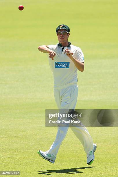 Andrew Fekete of the Tigers throws the ball back to the keeper during day four of the Sheffield Shield match between the Western Australia Warriors...