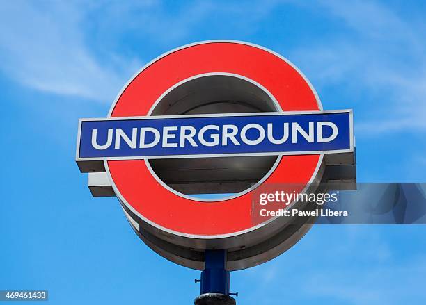 Roundel - London Underground sign against blue sky.