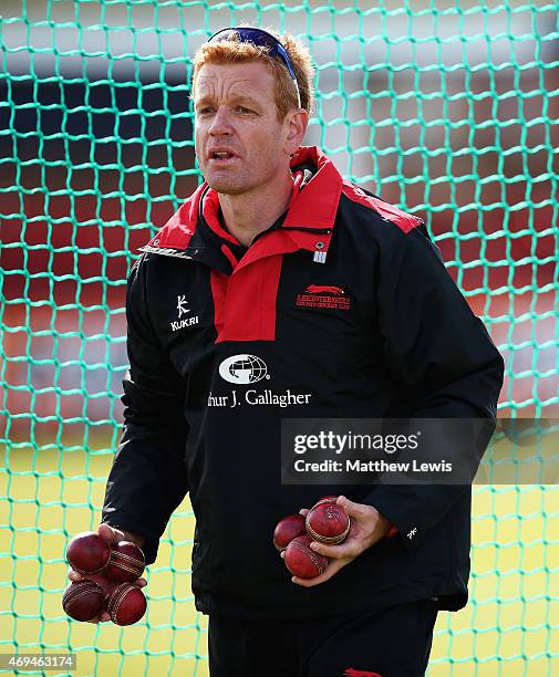 Andrew McDonald, Coach of Leicesterhsire County Cricket Team looks on during day one of the LV County Championship match between Leicestershire and...