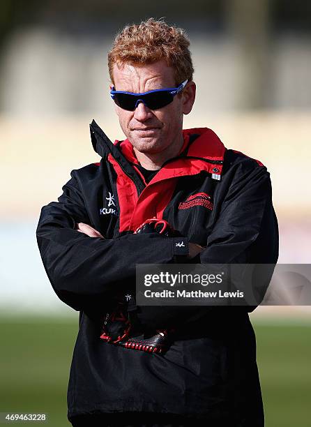 Andrew McDonald, Coach of Leicesterhsire County Cricket Team looks on during day one of the LV County Championship match between Leicestershire and...