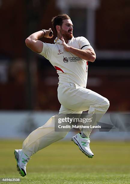 Ben Raine of Leicestershire in action during day one of the LV County Championship match between Leicestershire and Glamorgan at Grace Road on April...