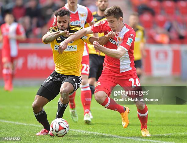 Phil Ofosu-Ayeh of VfR Aalen and Valmir Sulejmani of 1 FC Union Berlin during the game between Union Berlin and VfR Aalen on april 12, 2015 in...