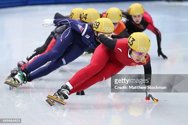 Yang Zhou of China leads the pack during the Ladies' 1500 m Semifinal Short Track Speed Skating on day 8 of the Sochi 2014 Winter Olympics at the...