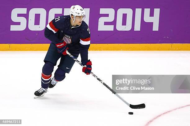 James van Riemsdyk of United States warms up before the game against Russia during the Men's Ice Hockey Preliminary Round Group A game on day eight...
