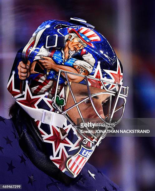 Goalkeeper Ryan Miller warms up prior the Men's Ice Hockey Group A match USA vs Russia at the Bolshoy Ice Dome during the Sochi Winter Olympics on...