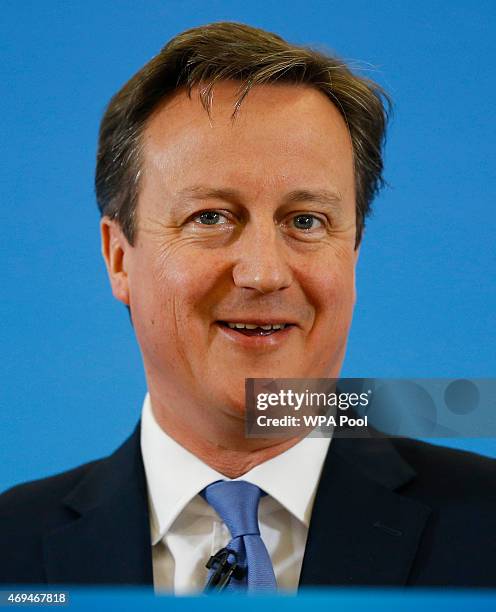 Prime Minister David Cameron delivers a speech at St Luke's Church Hall on April 12, 2015 in Cheltenham, England. Britain goes to the polls in a...