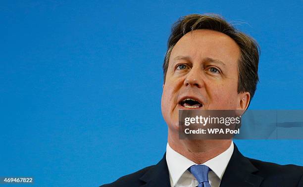 Prime Minister David Cameron delivers a speech at St Luke's Church Hall on April 12, 2015 in Cheltenham, England. Britain goes to the polls in a...