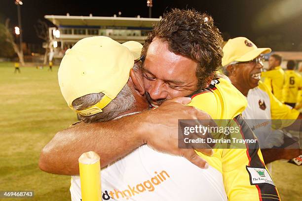 Liam Ugle celebrates Western Australia's win in Imparja Cup Final between Western Australia and New South Wales at XXXX on February 15, 2014 in Alice...