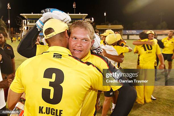 Keren Ugle and Beven Bennell celebrate after Western Australia's win in the Imparja Cup Final between Western Australia and New South Wales at...