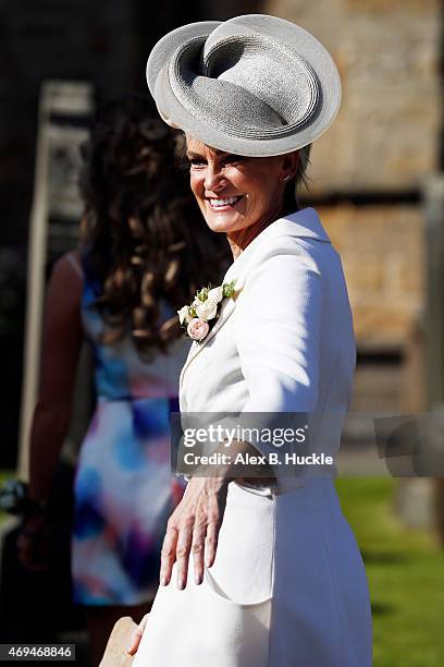 Judy Murray arrives at Dunblane Cathedral for wedding of Andy Murray and Kim Sears on April 11, 2015 in Dunblane, Scotland.