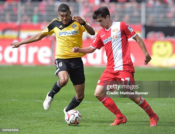 Collin Quaner of VfR Aalen and Eroll Zejnullahu of 1 FC Union Berlin during the game between Union Berlin and VfR Aalen on april 12, 2015 in Berlin,...