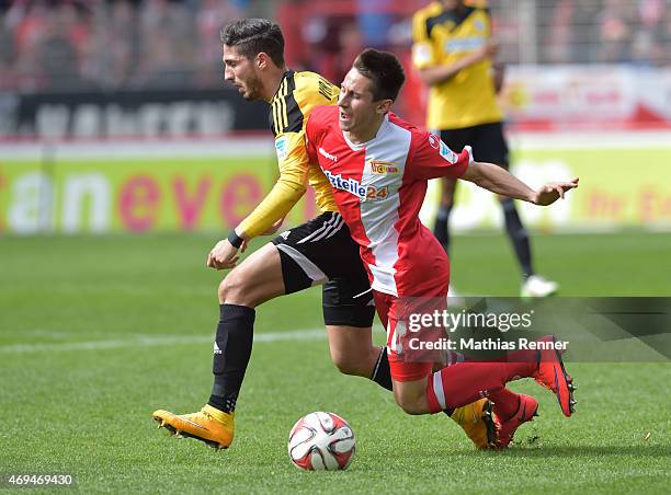 Fabio Kaufmann of VfR Aalen and Steven Skrzybski of 1 FC Union Berlin during the game between Union Berlin and VfR Aalen on april 12, 2015 in Berlin,...