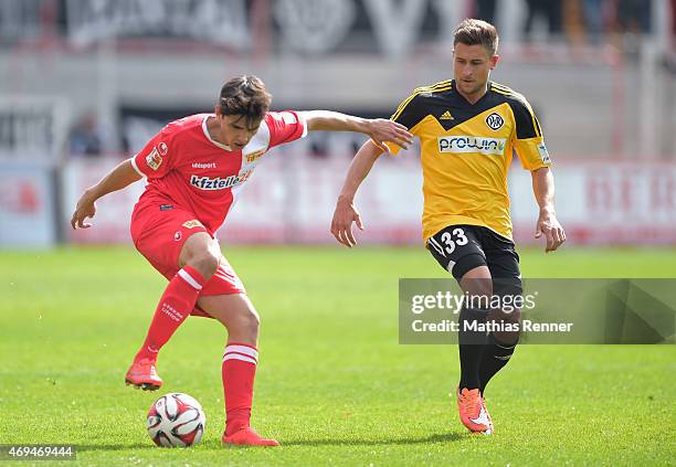 Eroll Zejnullahu of 1 FC Union Berlin and Andreas Ludwig of VfR Aalen during the game between Union Berlin and VfR Aalen on april 12, 2015 in Berlin,...