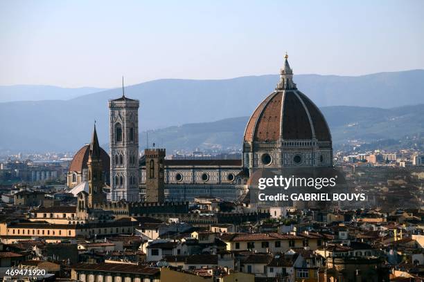 Picture shows a panorama of the city of Florence with the "Duomo" the cathedral Santa Maria del Fiore on April 8, 2015 in Florence. AFP PHOTO /...