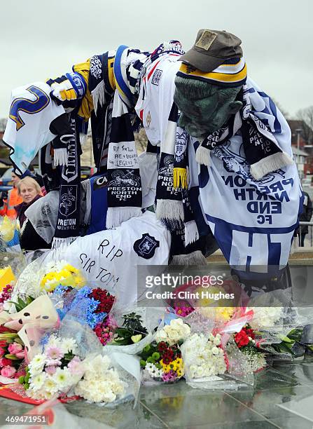 Tributes are laid at the statue of Sir Tom Finney outside Deepdale, home of Preston North End, prior to the Sky Bet League One match between Preston...