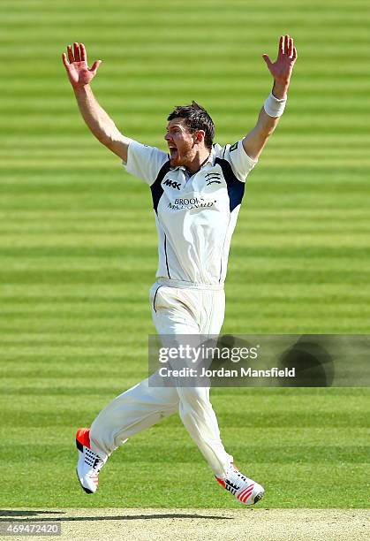 James Harris of Middlesex celebrates after bowling out lbw Samit Patel of Nottinghamshire during day one of the LV County Championship Division One...