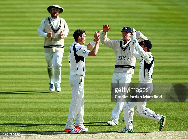 Middlesex celebrate with James Harris of Middlesex after he bowls out James Taylor of Nottinghamshire during day one of the LV County Championship...