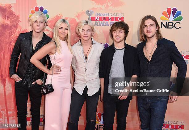 Musicians Riker Lynch, Rydel Lynch, Ross Lynch, Ellington Lee Ratliff and Rocky Lynch of R5 arrive at the 2015 iHeartRadio Music Awards at The Shrine...