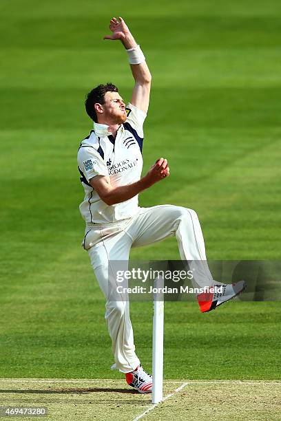 James Harris of Middlesex bowls during day one of the LV County Championship Division One match between Middlesex and Nottinghamshire at Lord's...