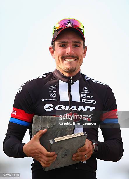 John Degenkolb of Germany and Team Giant-Alpecin celebrates winning the 113th edition of the Paris-Roubaix cycle race from Paris to Roubaix on April...