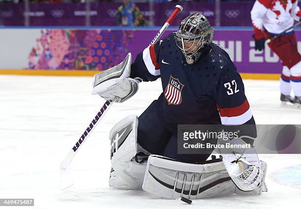 Jonathan Quick of the United States makes a save against Russia during the Men's Ice Hockey Preliminary Round Group A game on day eight of the Sochi...