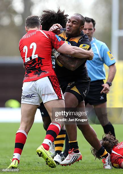 Sailosi Tagicakibau of Wasps crashes into Olly Barkley of London Welsh during the Aviva Premiership match between London Welsh and Wasps at Kassam...